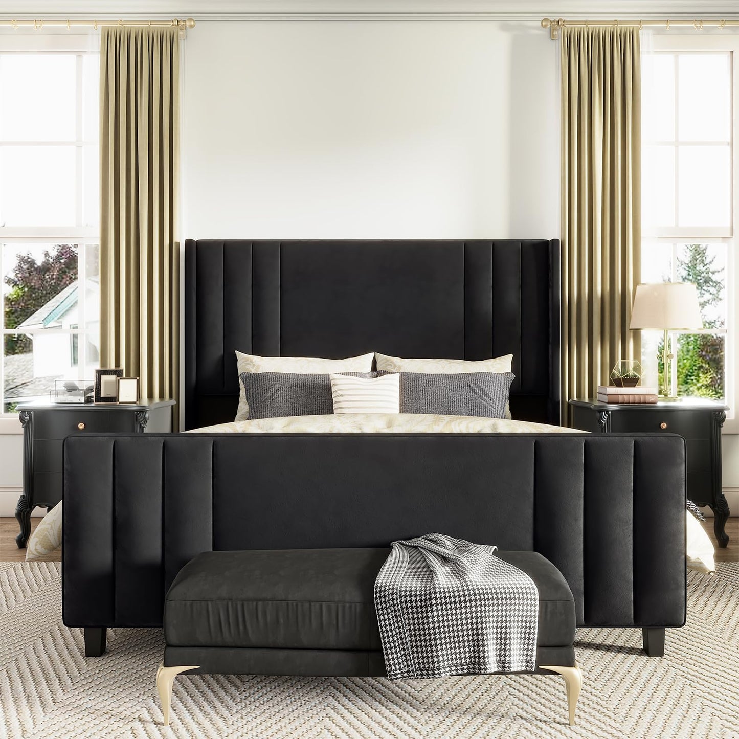 AMERLIFE King Size Bed Frame, Velvet Upholstered Platform Bed with Vertical Channel Tufted Headboard & Footboard/Wingback, Mattress Foundation with Wood Slats, No Box Spring Needed, Black