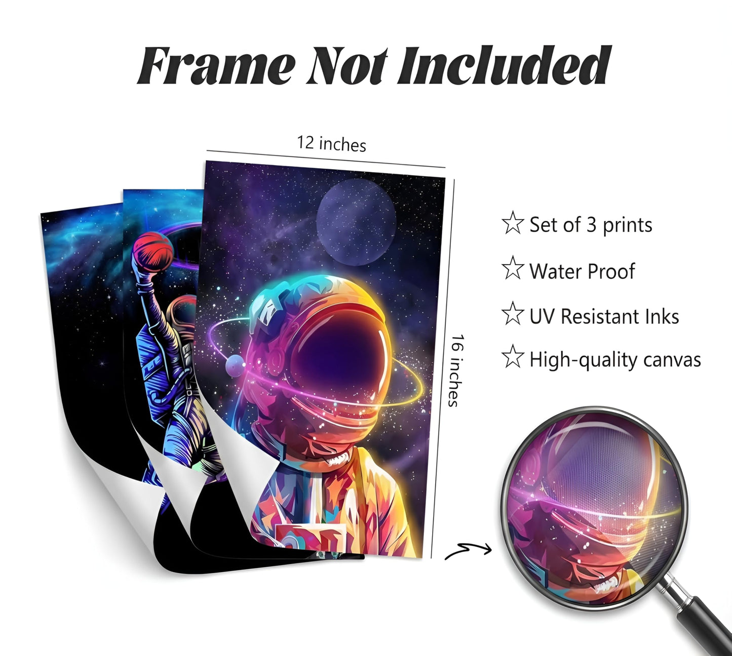 3pcs Cool Astronaut Canvas Wall Art Funny Whimsical Spaceman Basketball Posters Prints Paintings Universe Space Boy Wall Decor Pictures for Teen Boys Room Living Room Bedroom Decoration Unframed