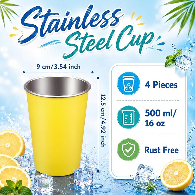 Mimorou 4 Pack Stainless Steel Pint Cups Metal Cups Unbreakable Drinking Water Tumblers Stackable Tumbler for Adults Bar Home Restaurant Travel Picnic Camping Outdoor (Mixed Colors,16 oz)
