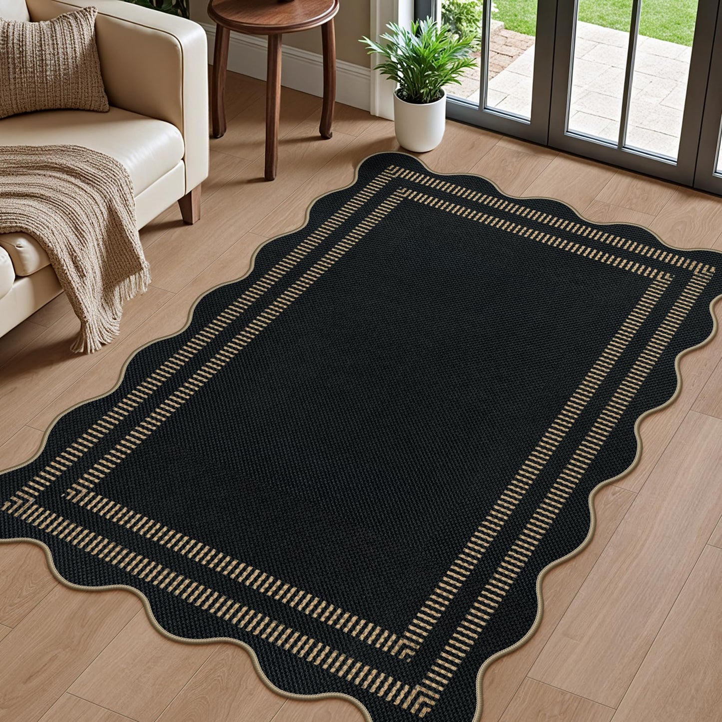 LORWER Modern Easy Jute 3x5 Outdoor Patio Rug, Black Washable Rugs for Entryway Indoor Kitchen Rugs, Farmhouse Neutral Non Slip Carpet for Living Room Backyard