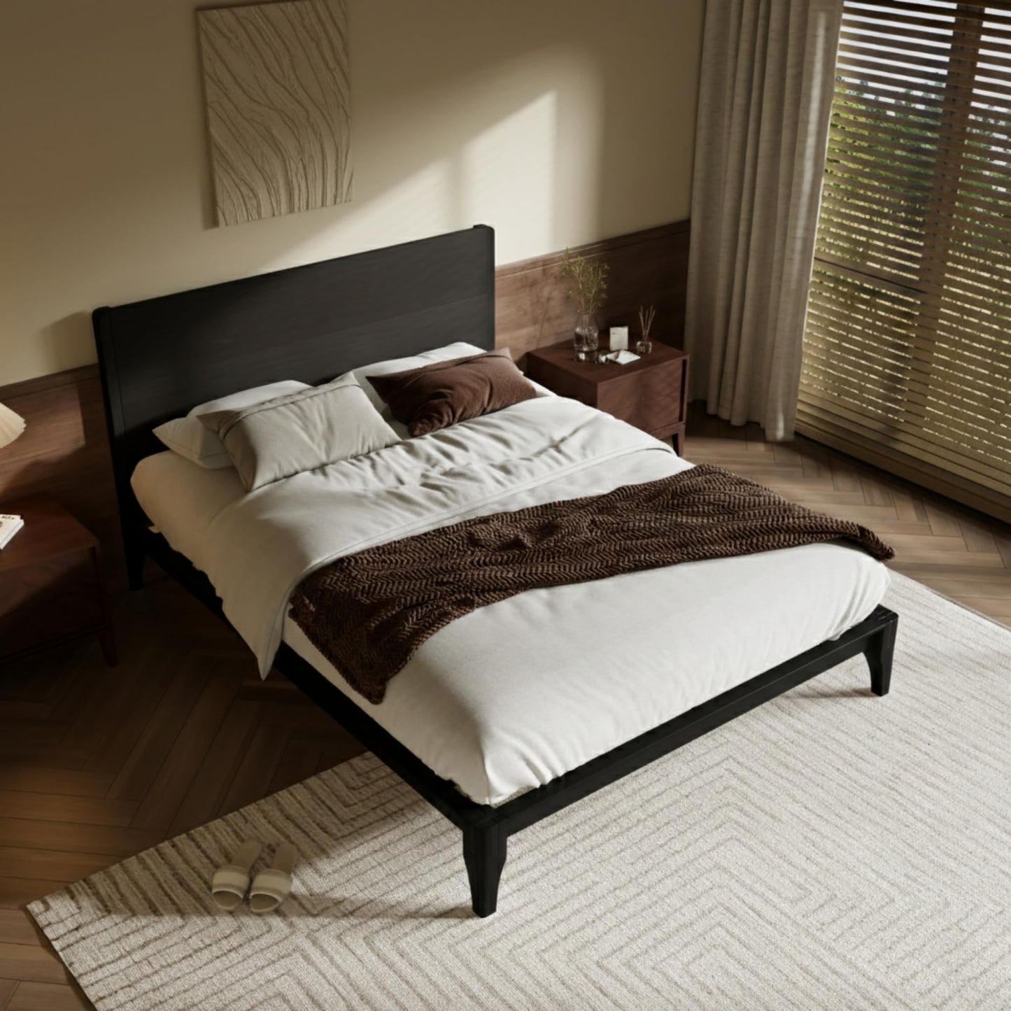 Merax Full Size Bamboo Platform Bed, Mid-Century Modern Bed Frame with Tall Headboard, Solid Sustainable Bedframe Full-Size, Wood Slat Support, No Box Spring Needed, Easy Assembly, Noise Free, Black