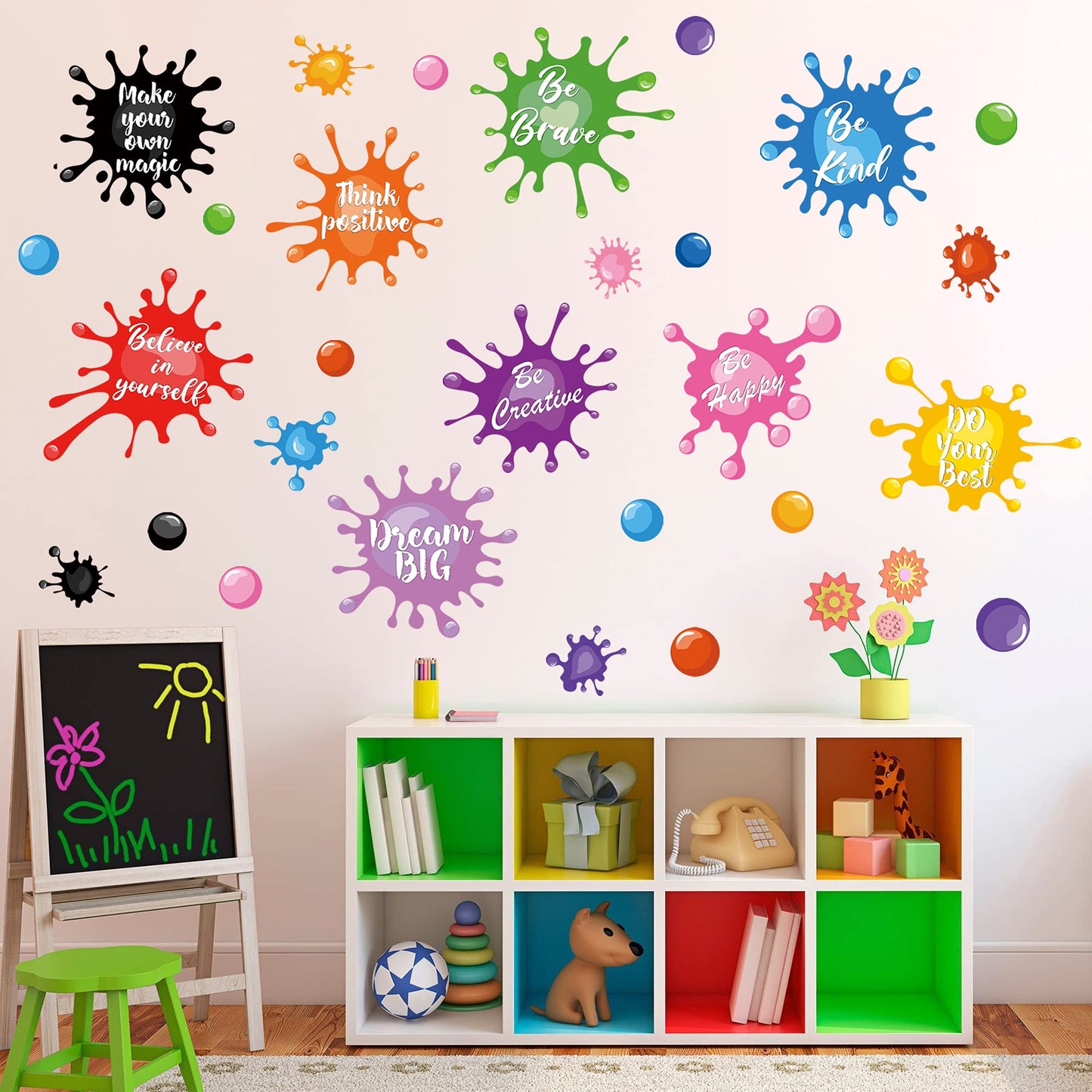 Colorful Inspirational Quotes Wall Decals Watercolor Paint Wall Decals Ink Splatter Splotches Wall Stickers Motivational Lettering Positive Sayings Stickers for Kids Classroom Nursery Playroom School