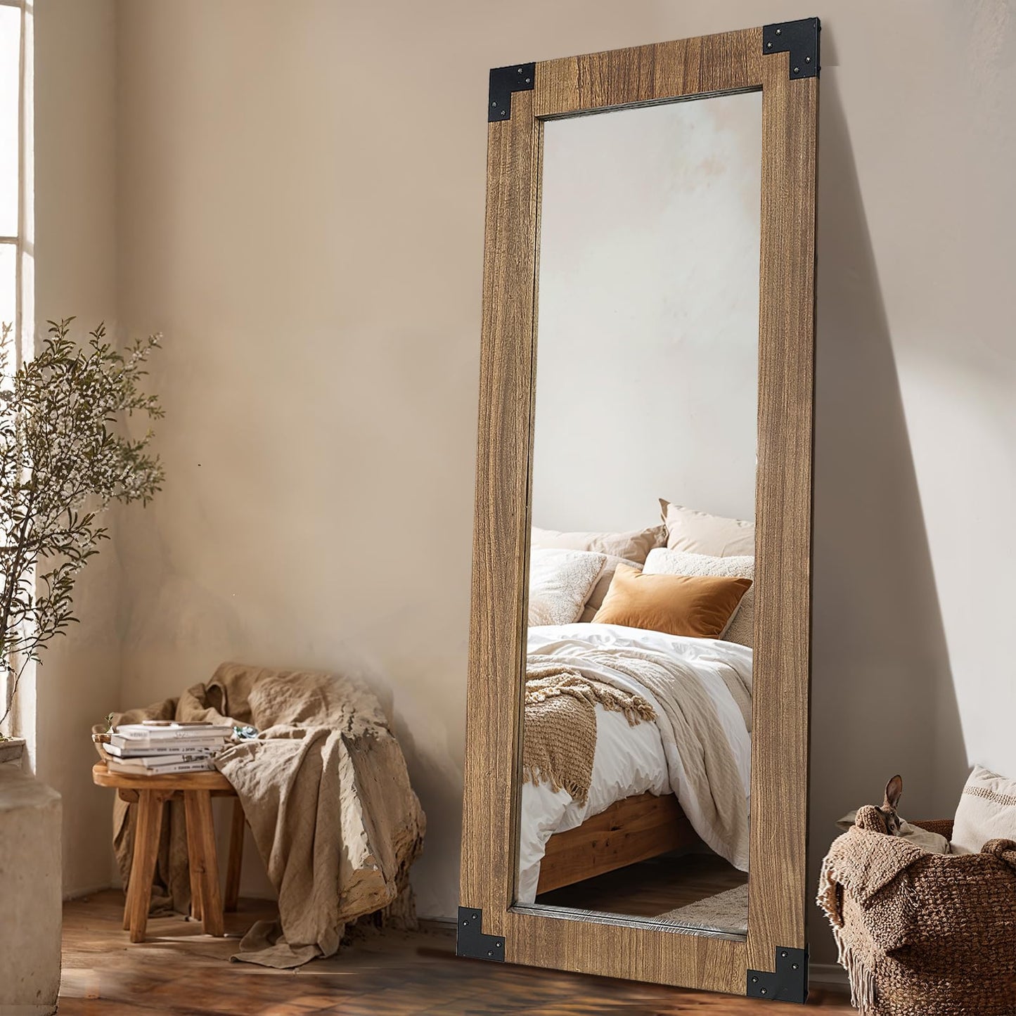 LXWZHK 65x24 Inch Full Length Mirror, Wooden Frame Full Body Standing Mirror with Metal Decorative, Light Walunt