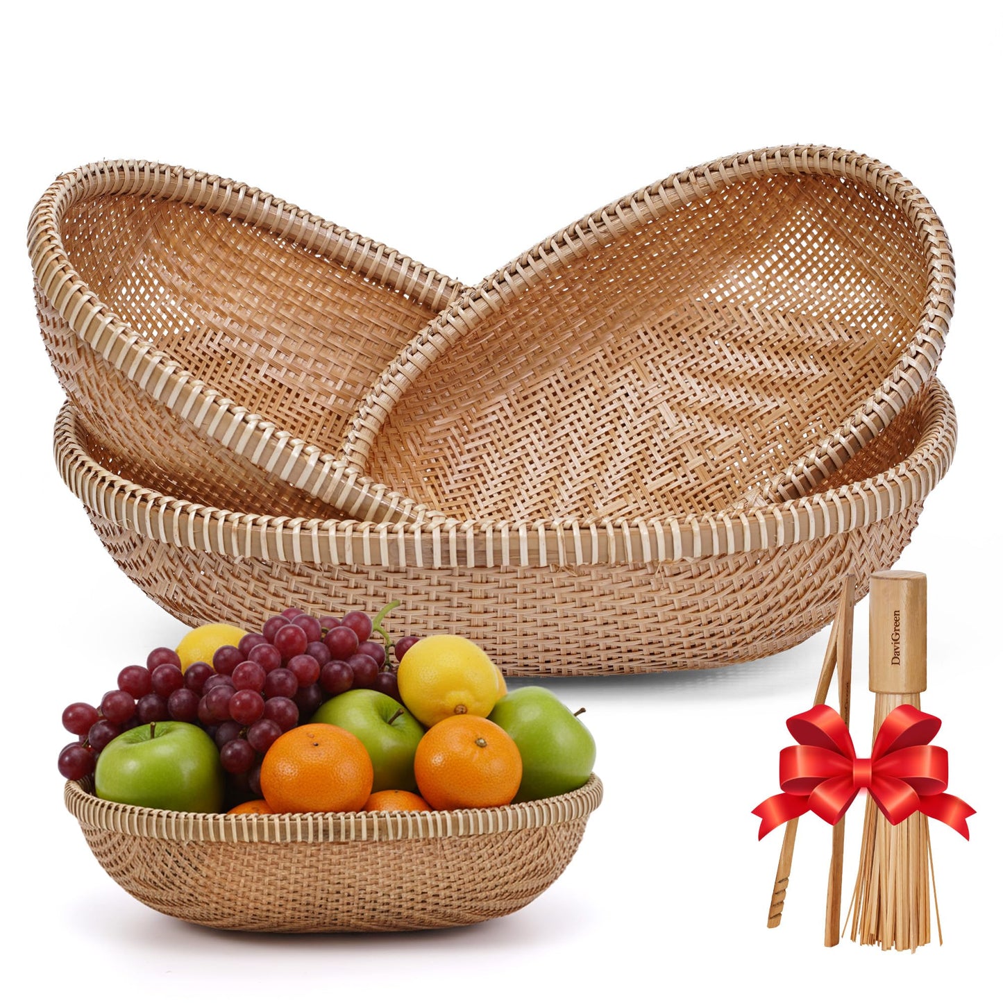 DaviGreen Set of 3 Handwoven Bamboo & Rattan Baskets – Woven Bread Basket & Fruit Bowl for Kitchen Counter, Decorative Wicker Tray for Serving Snacks, Pastries & Table Centerpiece