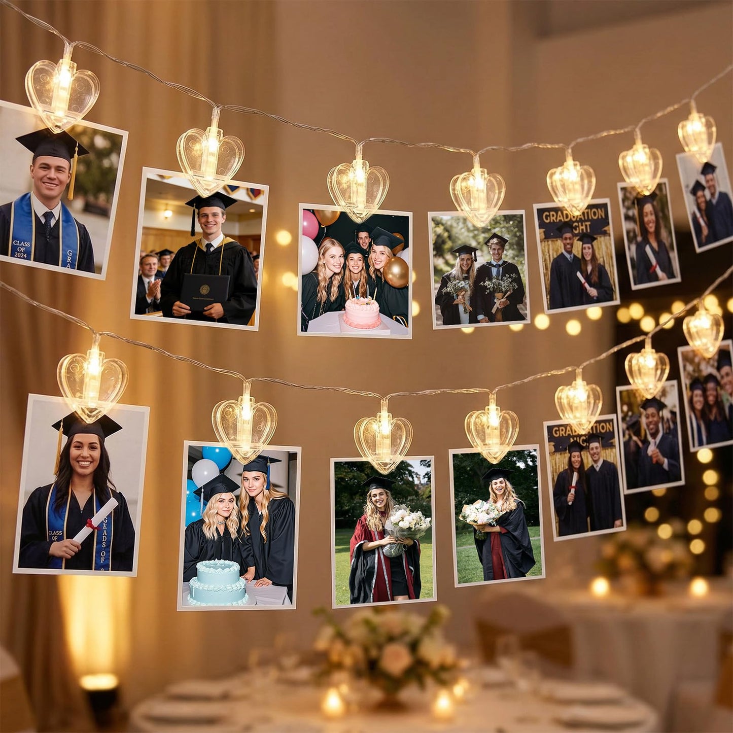 20 Photo String with Clips for Hanging Pictures,9.85Ft Valentine's Day Clear Photo Clip Lights for Wall Bedroom Wedding Birthday Party Home Decorations (Heart-USB)