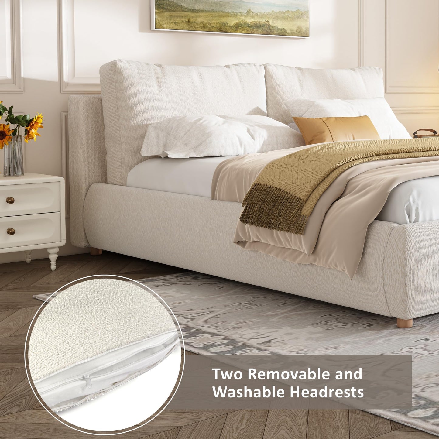 Christopher Knight Home Hazel Queen Size Bed Frame, Upholstered Platform Bed, Soft Boucle Queen Headboard, Removable Pillows Headboard, Wood Slats Support, No Box Spring Needed, Easy Assembly, White