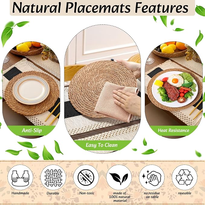 4 Sets Boho Decoration Placemats Round Woven Placemats, Cloth Napkins, Wood Bead Napkin Rings, Long Table Runner and Farmhouse Burlap Cotton for Table Kitchen (Black,12x72)
