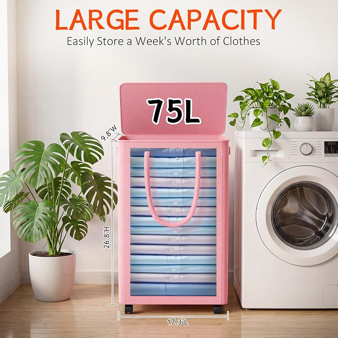 Slim Laundry Hamper with Wheels,20 Gal (75L) Rolling Laundry Basket with lid and wheels Clothes Hamper Foldable Tall Dirty Clothes Basket Sturdy Collapsible Clothes Hamper for Dorm,Laundry Room