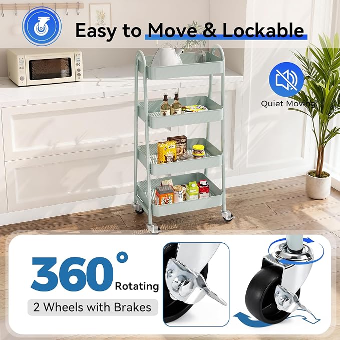 OLIXIS Metal 4 Tiers Utility Rolling Cart, Mobile Storage Shelf with Lockable Caster Wheels, Organization for Livingroom, Bathroom, Kitchen, & Narrow Places, 4-Tier Green