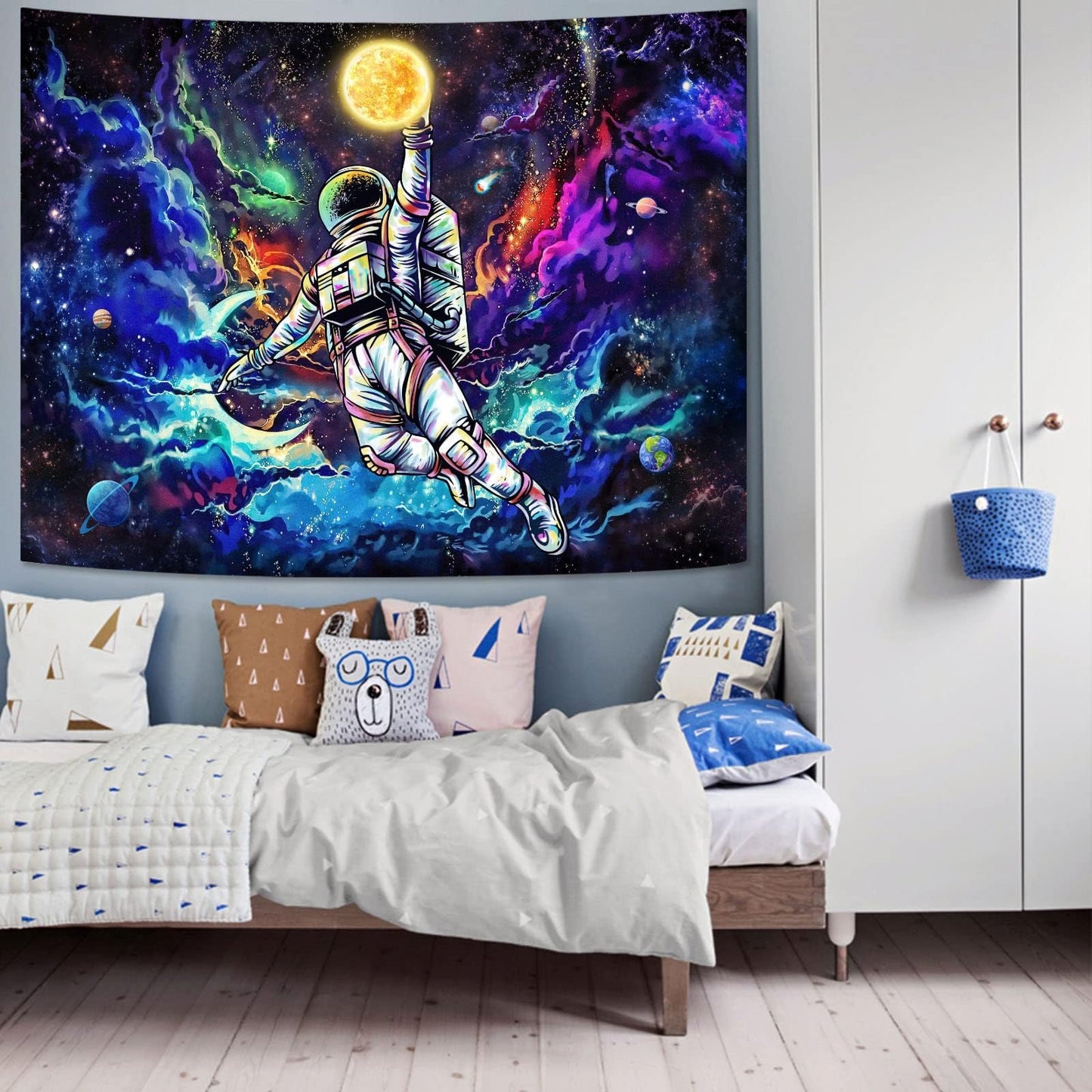 kampdream Blacklight Astronaut Space Tapestry, UV Reactive Galaxy Universe Planet Glow in Dark Tapestries for Men, Boys and Teens Cool Poster 36×48 inch