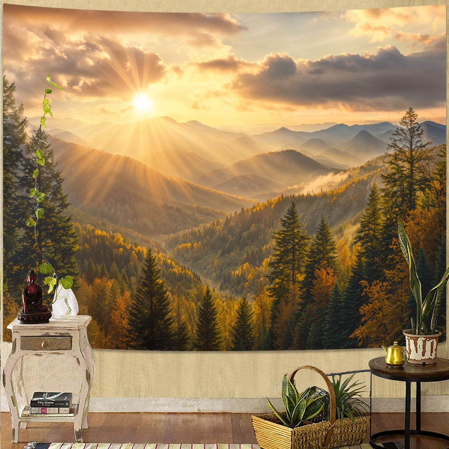 kampdream Landscape Tapestry, Scenery Art Wall Tapestries, Nature Wall Decor for Bedroom Living Room Backdrop Warm Sunset Mountain 36×48 inches