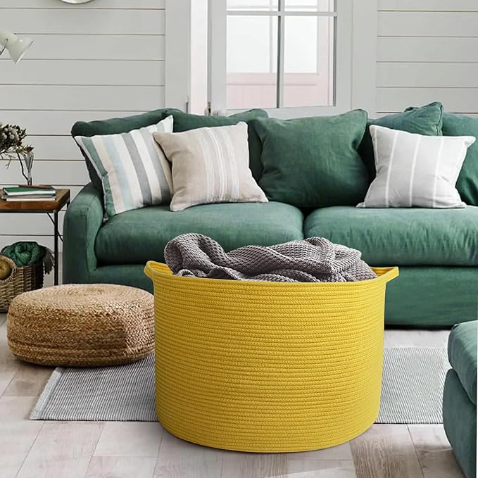 MEGASKET Extra Large Yellow Basket, 22” X 22” X 14” Cotton Rope Yellow Decor for Living Room Bedroom, Woven Basket for Blanket, Laundry, Towel, Shoe, Baby Nursery Toy Organizer, Room Decor Storage Bin