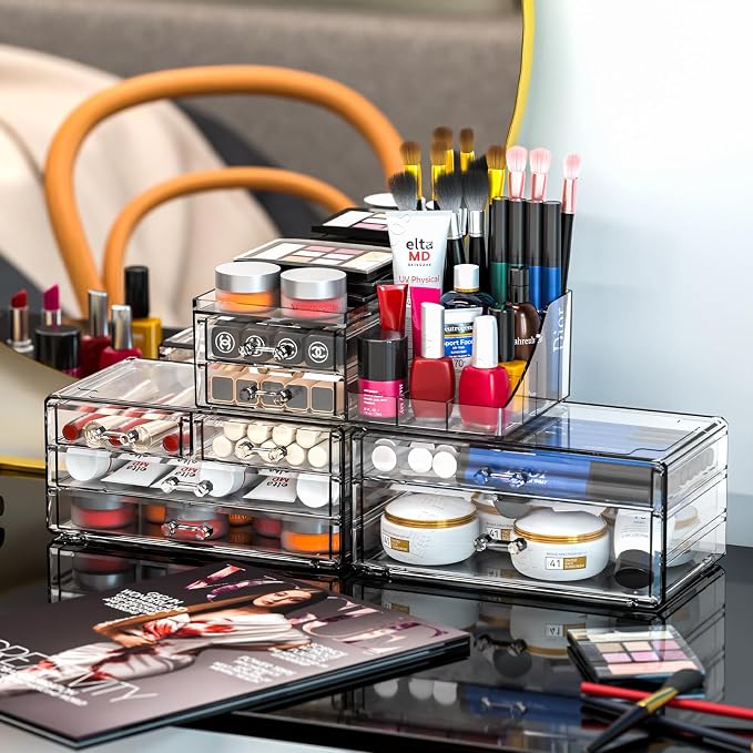 Acrylic Clear Make up Organizers And Storage for Vanity,Bathroom Skincare Organizer With 8 Drawer for Dresser,Plastic Desk Accessories Organization,Cosmetic Organizer Countertop for Beauty,Skin Care