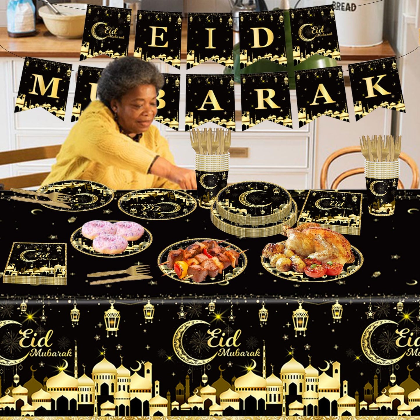 98PCS Eid Mubarak Party Supplies Black and Gold Ramadan Tableware Set Ramadan Mubarak Paper Plates and Napkins Eid Mubarak Party Decorations Eid Al-fitr Party Disposable Dinnerware Set for 16 Guests