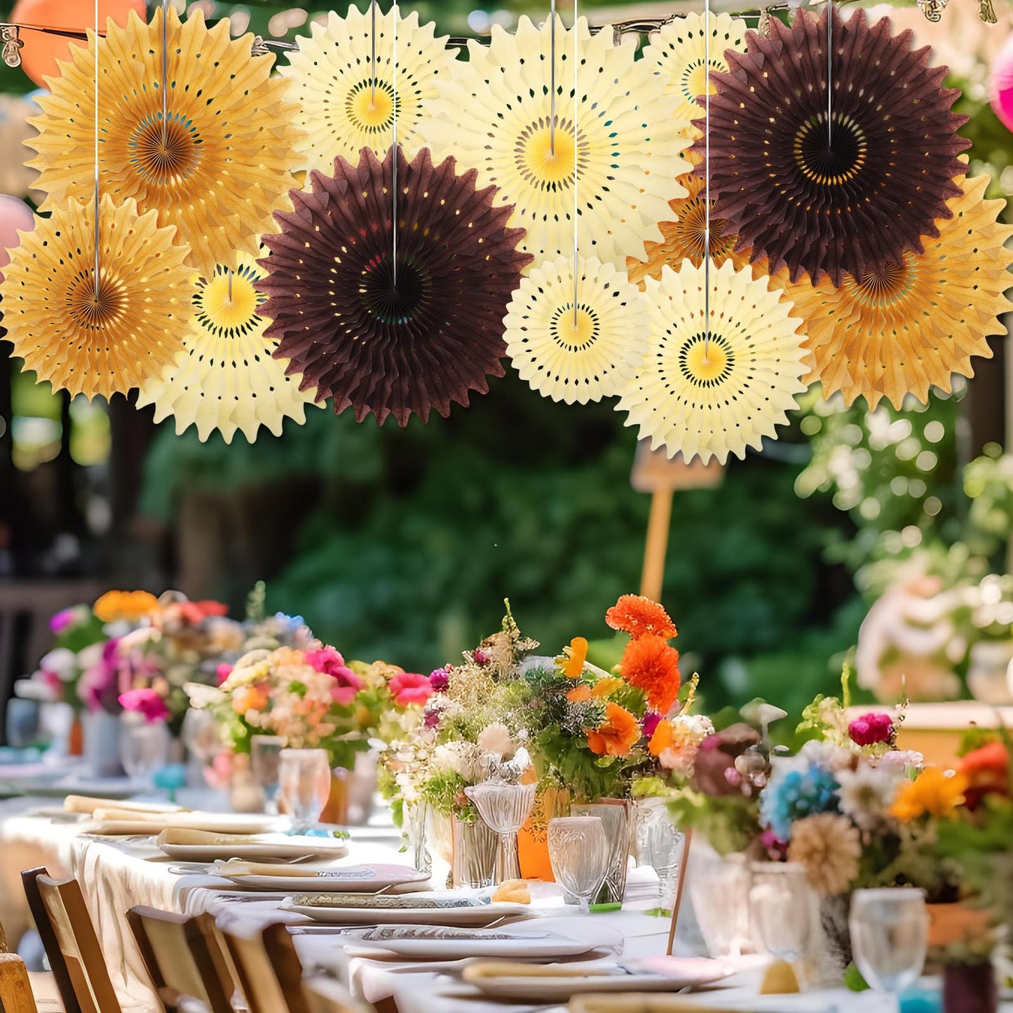 Outus 12 Pcs Hanging Honeycomb Paper Fans Sets, Fiesta Brown and Beige Party Decorations, Tissue Paper Flowers Supplies for Birthday Wall Classroom Wedding Photo Backdrop (14/8/6 Inch)