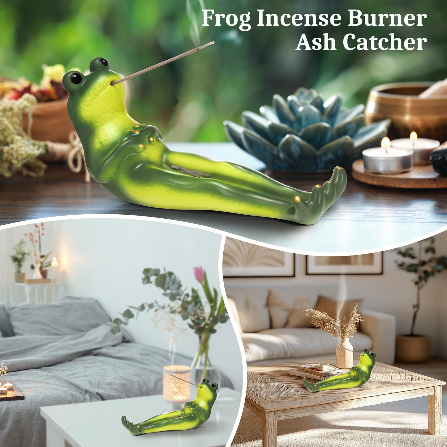 ElectricWise Frog Incense Stick Holder, Green Frog Incense Burner with 30 Sandalwood Sticks, Ash Catcher Stand Gift for Aromatherapy, Yoga, Relaxing Meditation, Home Living Room Office Decor