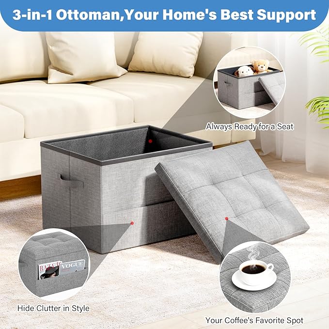 Dayacoco Storage Ottoman Foot Rest Stool, Foldable Foot Rest Stool with Thicker Foam Padded Seat, 43L Small Ottoman with Storage, Holds Up to 350lbs, 17x13x13in,Drak Gray