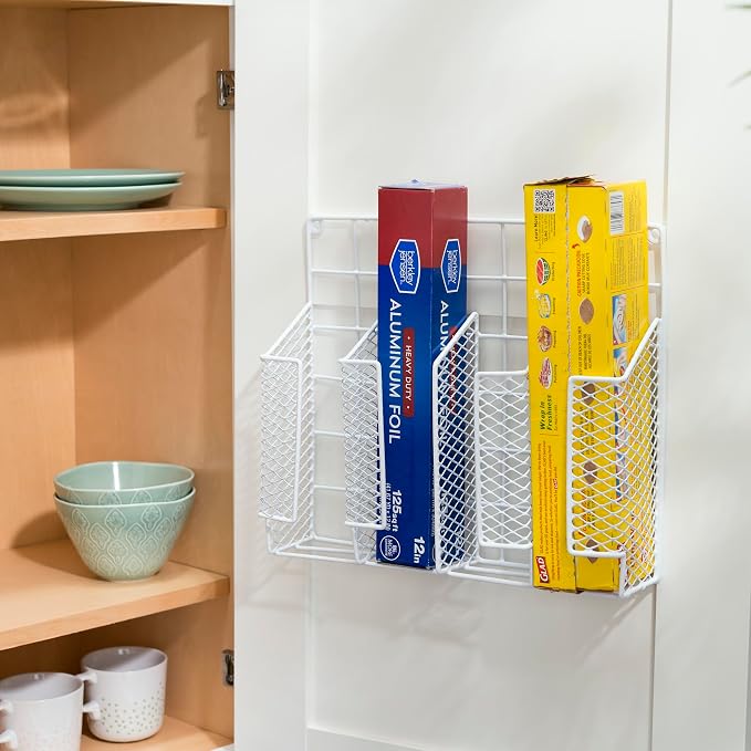 Home Basics Organizer Rust Resistant, Perfect for Food Storage, Silver Foil, Wax Paper, Sandwich Bags, Plastic Wrap-Mounts,White