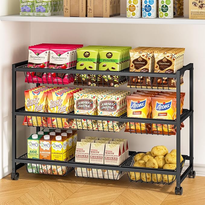 3-Tier Rolling Pantry Cart on Wheels with 9 Removable Baskets, Sturdy Pantry Floor Organizer and Storage, Kitchen Storage Cart for Fruit Vegetables, Snack Organizer for Pantry Kitchen Living Room