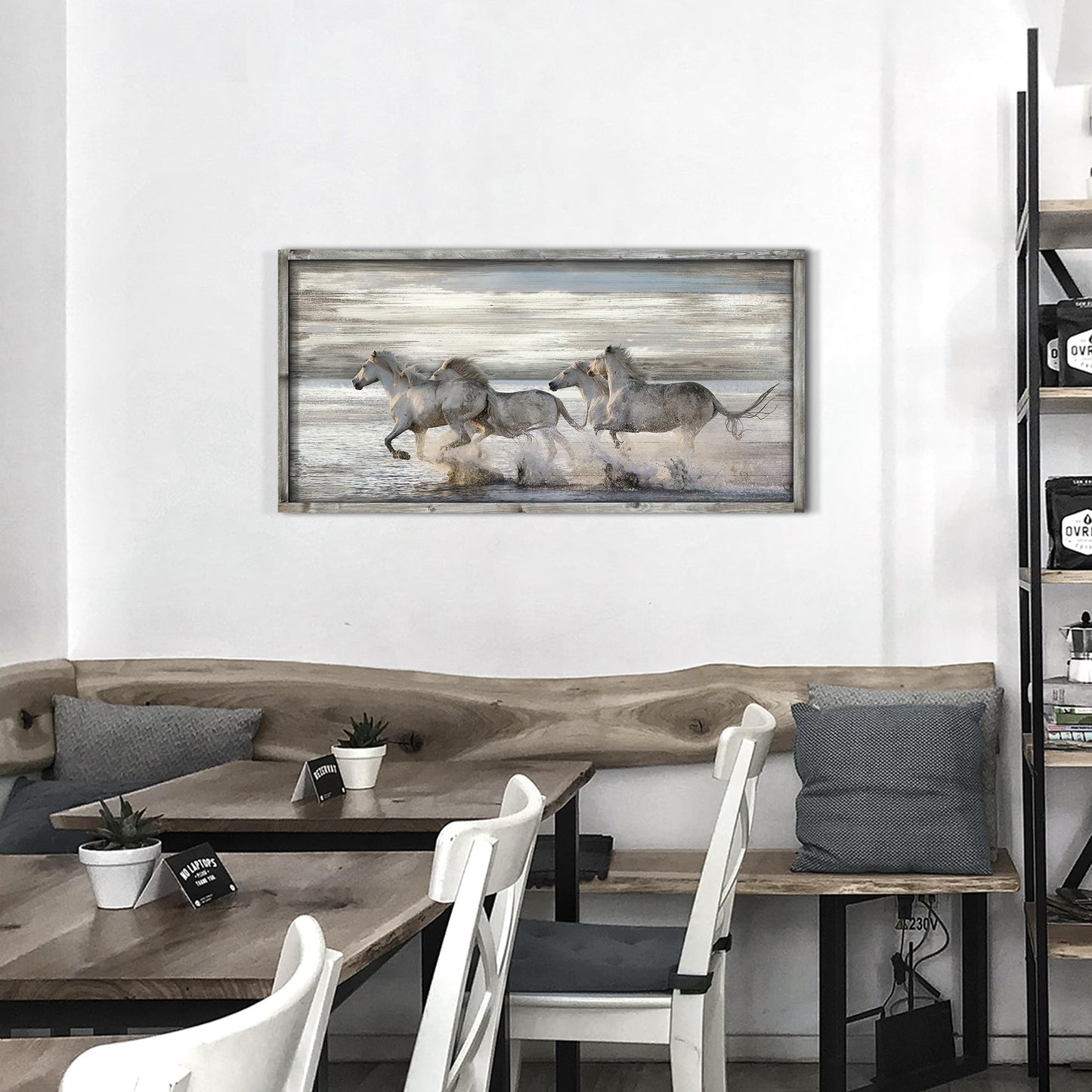 Horse Pictures Wall Art Framed: Running Animal Horses Print on Textured Natural Wood with Handcrafts Rustic Sturdy Framed Artwork for Farmhouse Decor (40'' x 20'' x 1 Panel)
