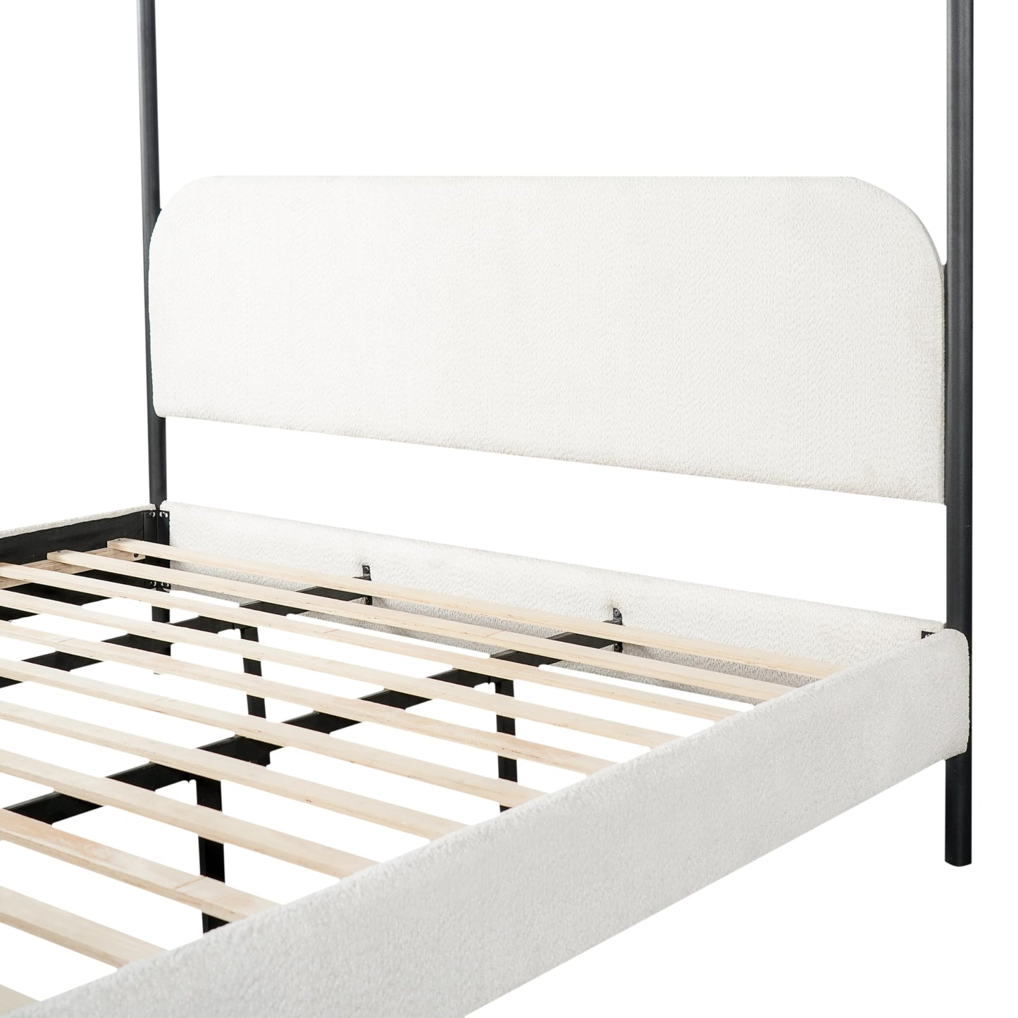 Christopher Knight Home King Size Upholstered Canopy Bed Frame with Boucle Fabric, Curved Headboard and Iron Legs, Modern Platform Bed Frame with Slats No Box Spring Needed, White