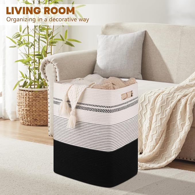 80L Large Cotton Rope Laundry Basket for Bedroom & Laundry Room, Tall Clothes Hamper with Sturdy Handles, Neutral Storage Bin Capable of Holding Blankets and Toys