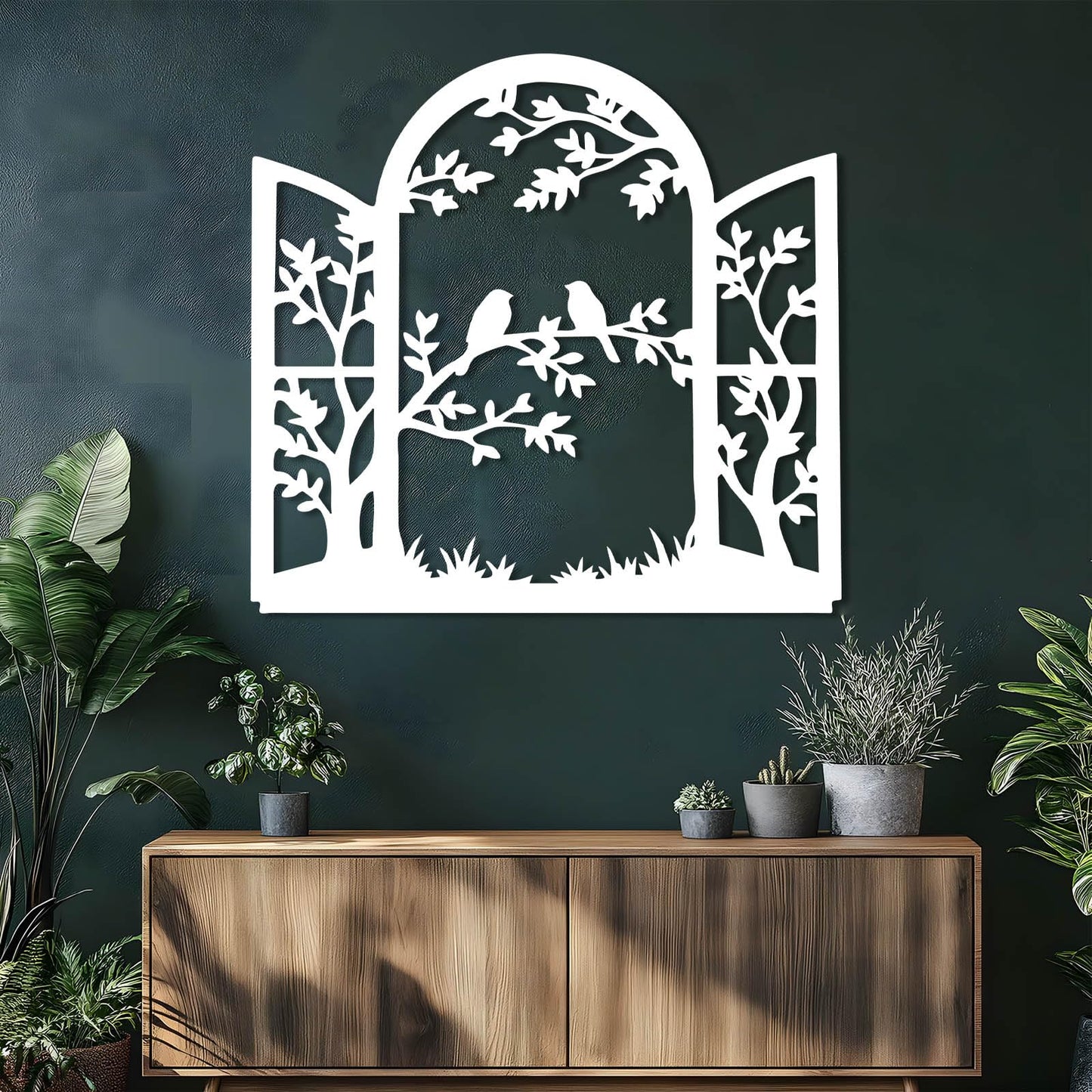 Bird Window Metal Wall Art, Bird on Branch Metal Wall Decor, Window Frame Wall Art, Birds Branch Silhouette Wall Hanging, Nature Decorations for Living Room, Hallway (Gold, 17"x19"/44x47cm)