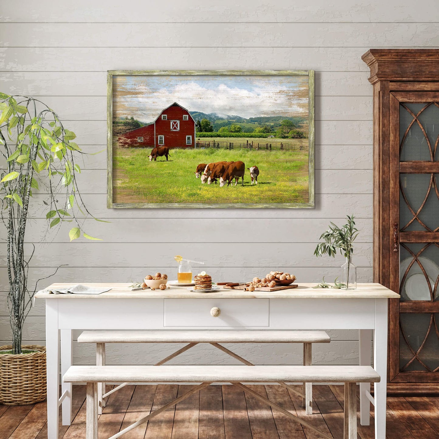 Bedroom Wood Farmhouse Wall Art: Large Rustic Red Barn Framed Artwork Quiet Country Landscape Gallery Painting Nature Cow Cattle Farm Picture Farm Animal Forest for Living Room Kitchen