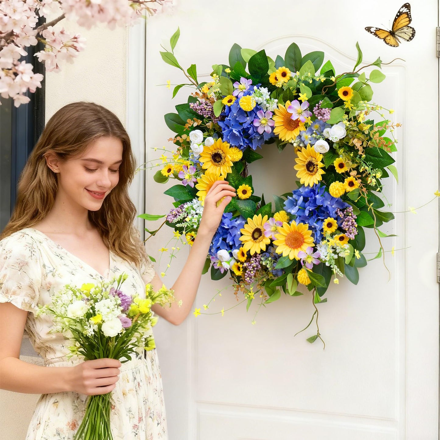 Pinkpuii Spring Wreaths for Front Door Outside- 24 Inch Spring Summer Wreath with Sunflowers,Lifelike Blue Hydrangea Flower Wreath for Indoor Outdoor Mantel,Window,Wall,Home Firplace Hanging Decor