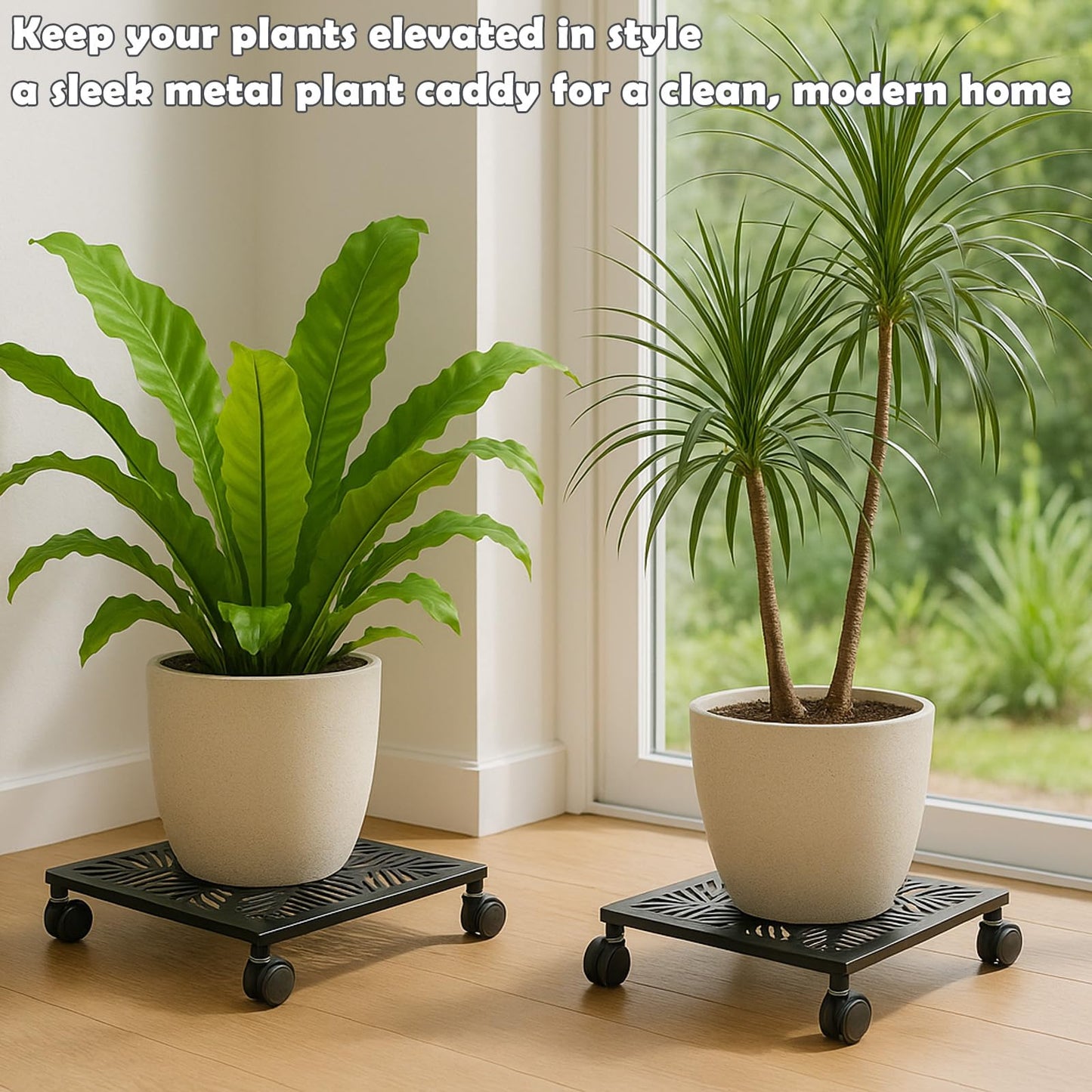 1-pack 13.5 Inches Square Metal Plant Caddy with Wheels Heavy Duty Large Rolling Plant Stand Indoor Outdoor Wheeled Planter Dolly Cart with Lockable Casters Flower Pot Mover Roller Trolley, Black