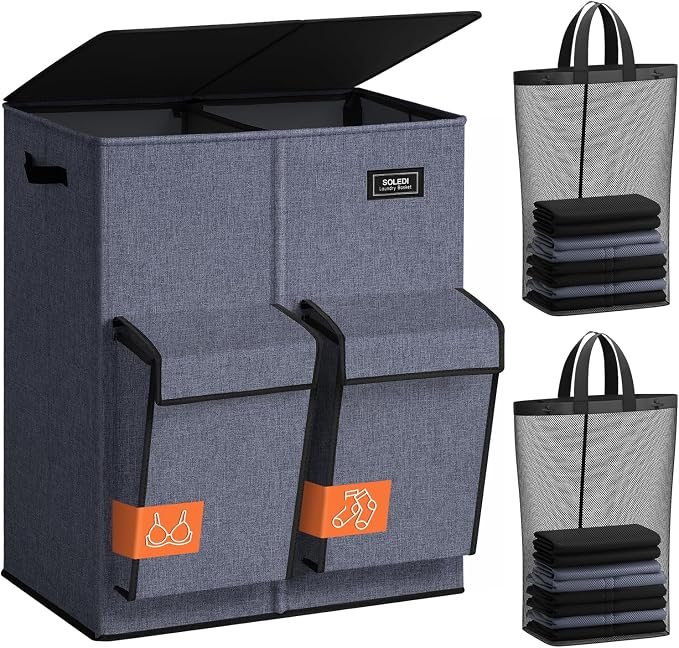 SOLEDI Double Laundry Hamper with Lid, 47.8 Gal (180L) Large Laundr Basket 2 Section with 2 Side Pockets, Dirty Clothes Hamper with Removable Bag, Easy to Carry for Laundry Room, Bedroom, Navy Blue