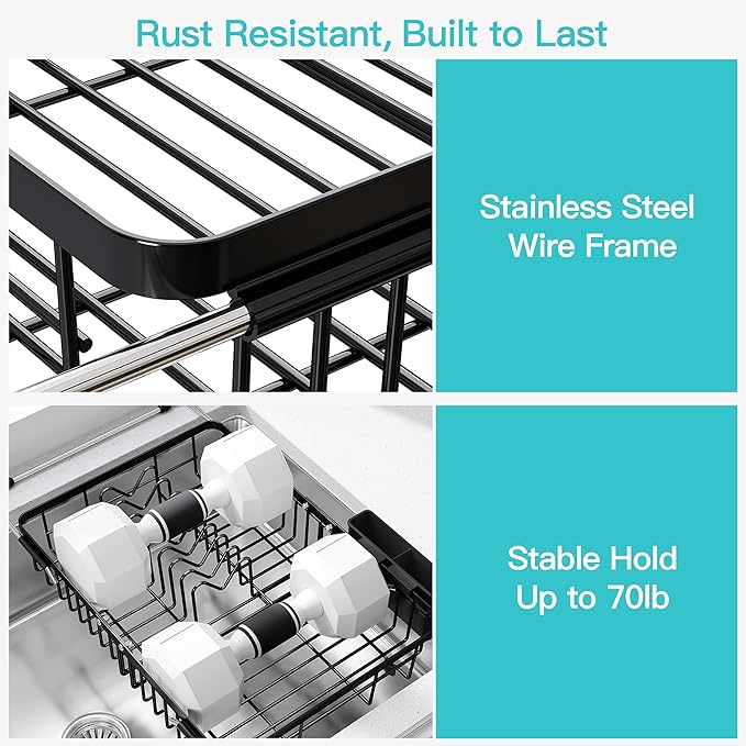 JASIWAY Black Expandable Stainless Steel Over The Sink Dish Drying Rack for Small Kitchen Counter Space Saving, Compact Plate Drainer Strainer, Adjustable Hanging Metal Dish Dryer with Utensil Holder