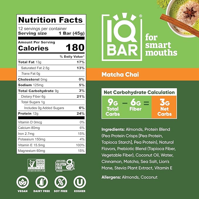 IQBAR Brain and Body Plant Protein Bars - Matcha Chai - 12-Count Low Carb - Gluten Free, High Fiber, Vegan Snacks - Low Sugar Meal Replacement