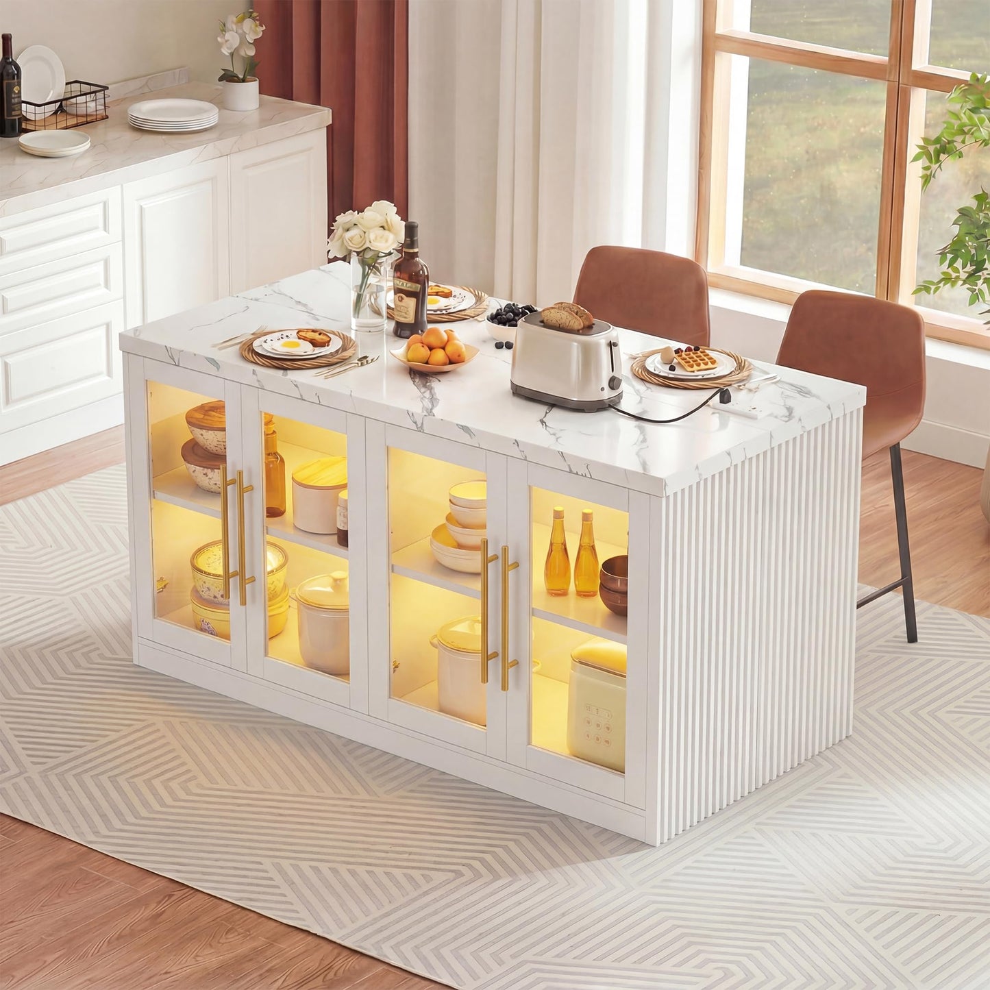 Homiflex Kitchen Island with Storage, Imitation Marble Island Table with LED Lights & Cabinet for Kitchen, Modern Kitchen Carts on Wheels for Dining Room, Home Bar, White