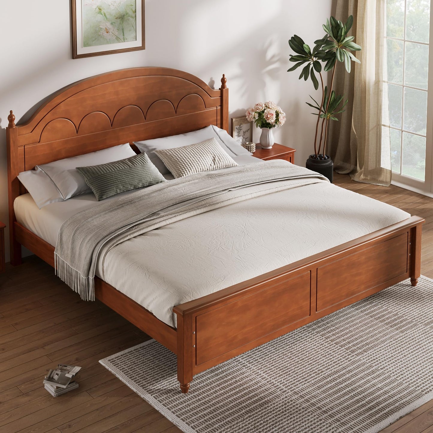 Merax Solid Wood Queen Platform Bed Frame with Arched Headboard, Durable Sturdy Construction, Classic Elegant Style, No Box Spring Needed, Easy Assembly, Oak