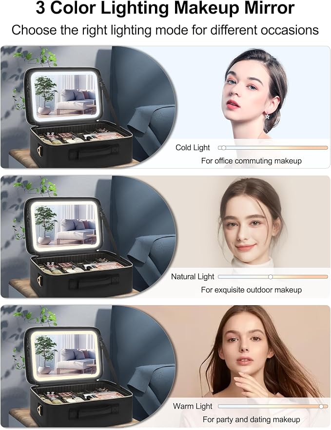 Relavel Travel Makeup Bag With LED Mirror, 16.2" Large Makeup Train Case, 3 Color Scenarios Adjustable Brightness, Waterproof Makeup Train Case Organizer with DIY Dividers for Makeup Artist, Black