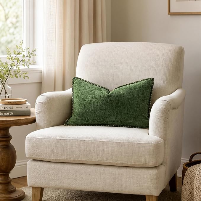 MIULEE Pack of 2 Lumbar Throw Pillow Covers 12x20 Inch Moss Green Farmhouse Decorative Pillow Covers Stitched Edge Soft Chenille Solid Dyed Pillow Covers for Couch Sofa Bed Living Room, Forest Green