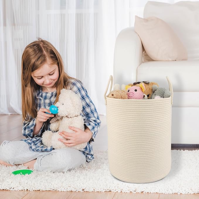 XUANGUO Cotton Rope Laundry Basket Hamper for Clothes Woven Storage Basket for Living Room Bedroom Boho Tall Rope Baskets for Blanket Toys Pillow Towels Baby Nursery Hamper Bin beige