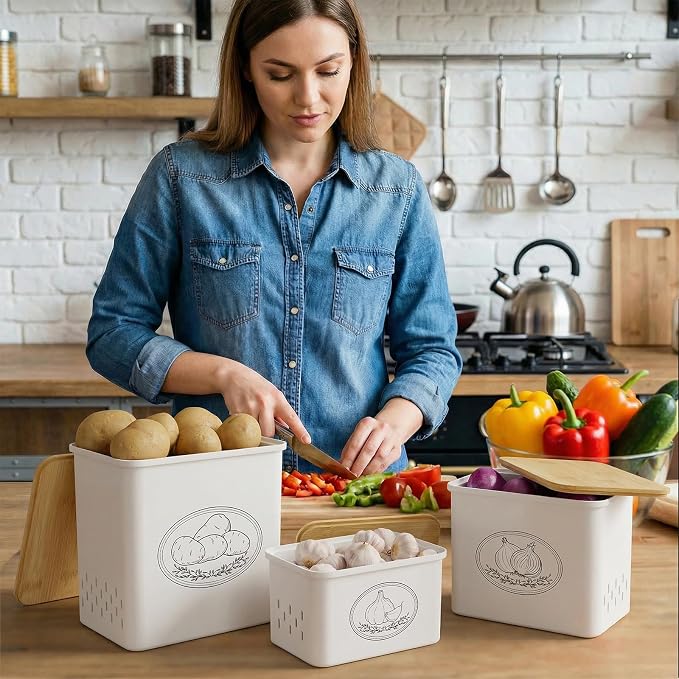 Lifewit Plastic Potato and Onion Storage Bin, Stackable Garlic Keeper with Aerating Holes and Lid, Vegetable Container Box for Pantry Countertop, White, 24 x 18 x 24 cm/9.5 x 7 x 9.5 inch, Set of 3