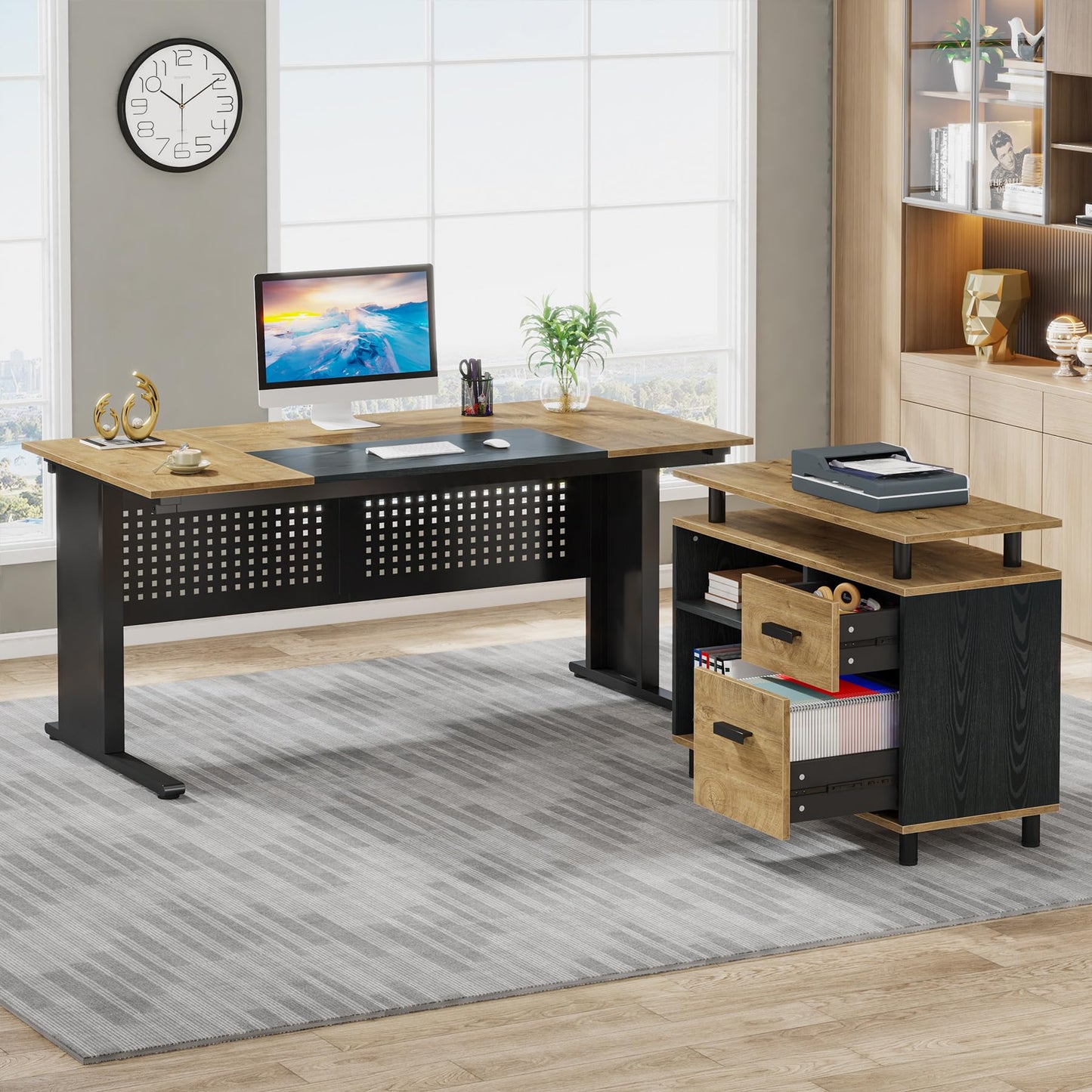 Tribesigns 63 Inch Executive Desk with File Cabinet, Large Office Desk L Shaped Computer Desk with Drawers and Storage Shelves, Business Furniture Desk for Home Office, Wood Color and Black