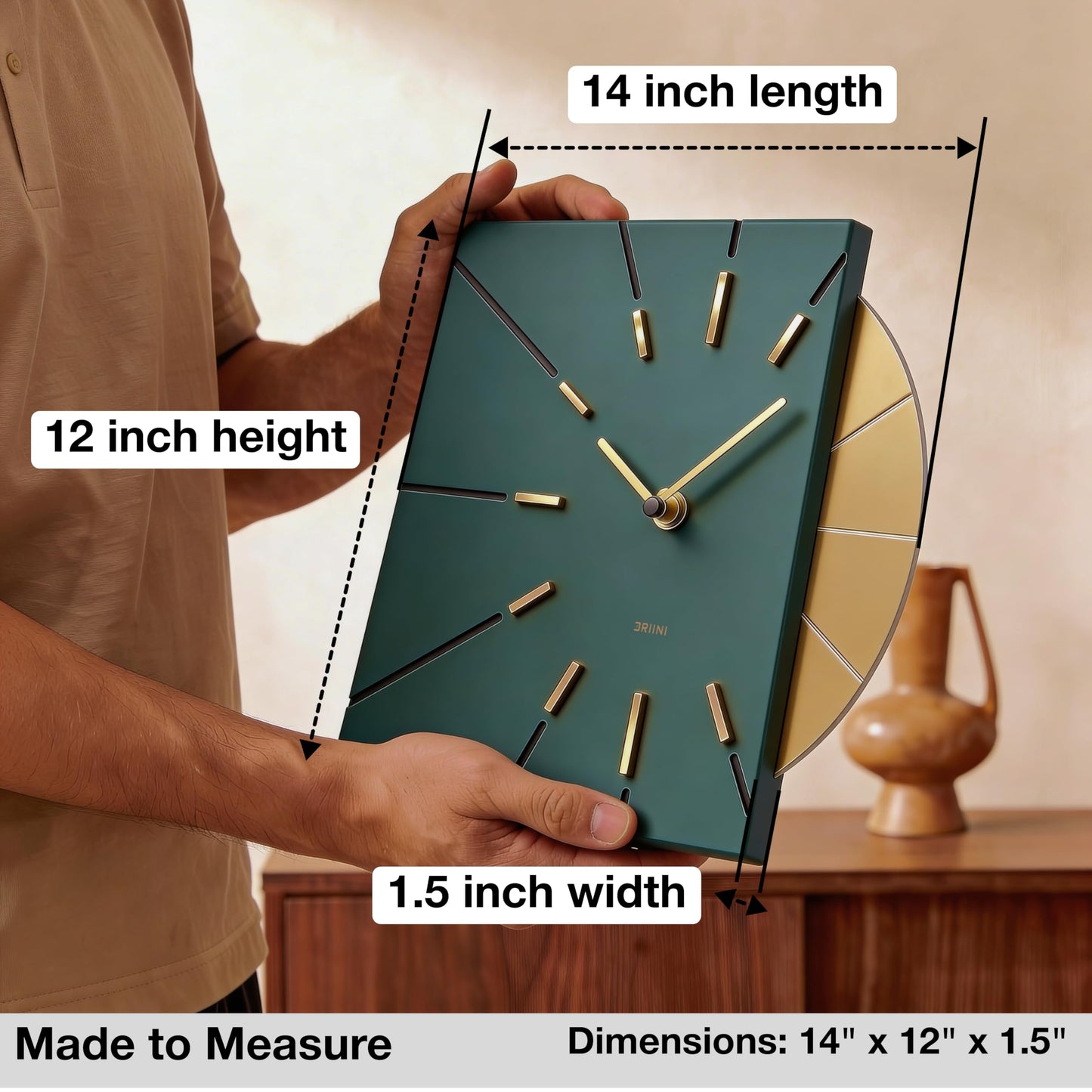 Driini Clocks Mid Century Modern Wall Clock - Square Green Clock with Decorative Gold Accent- Unique and Cool Clock, Battery Operated - MCM Decor & Decorative Wall Clock for Mid Century Modern Decor.