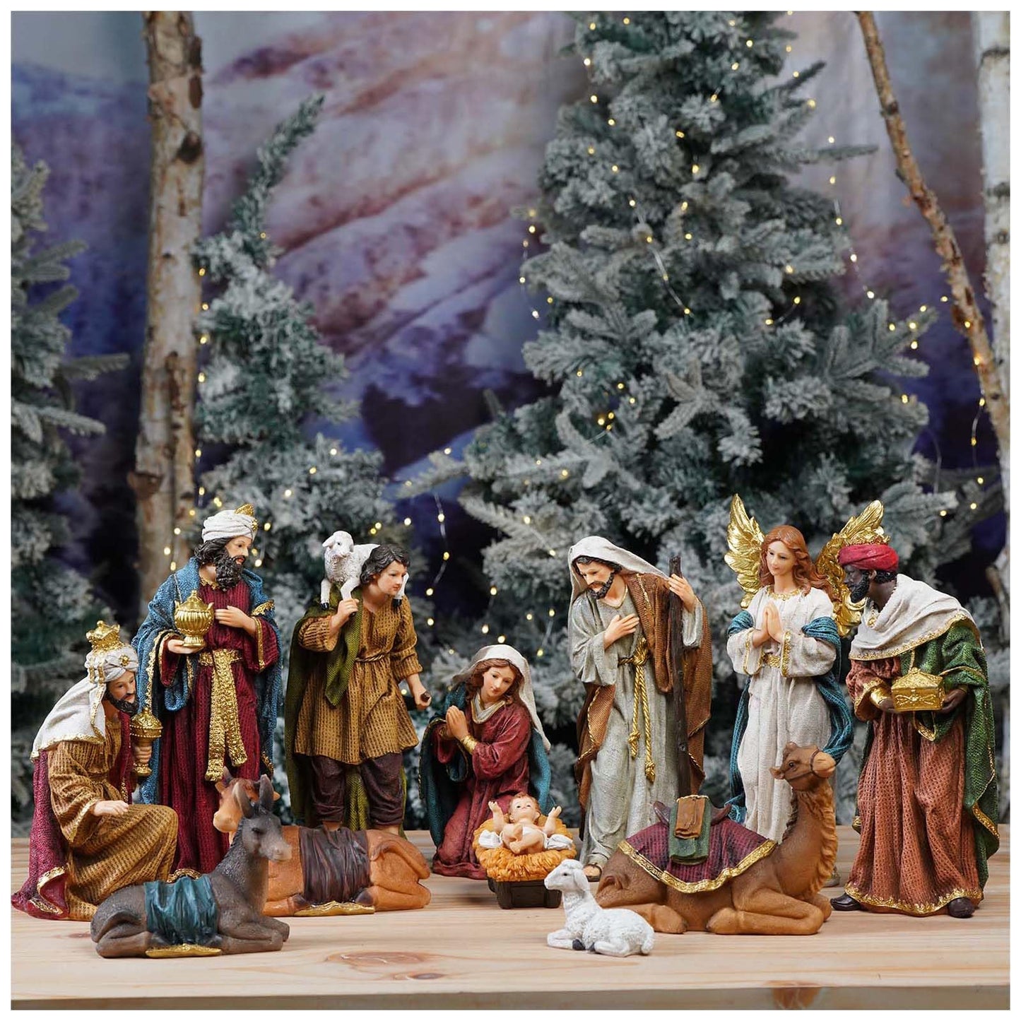 Zayton Nativity Set Christmas Indoor 12 Pcs 12 Inch Scene Statue Figurines Jesus Manger Crib Ornament Church Xmas Home Catholic Religious Decoration