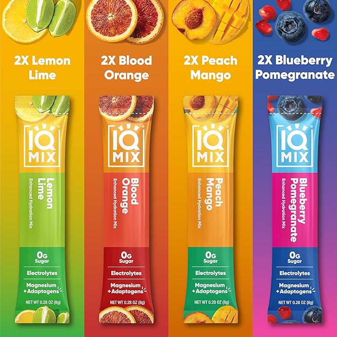 IQMIX Hydration Electrolyte Powder – 4-in-1 Formula for Hydration, Mental Clarity, Mood and Recovery – Sugar-Free Drink Mix, Keto, Magnesium L-Threonate, Lion’s Mane – 8 Count Sampler Pack