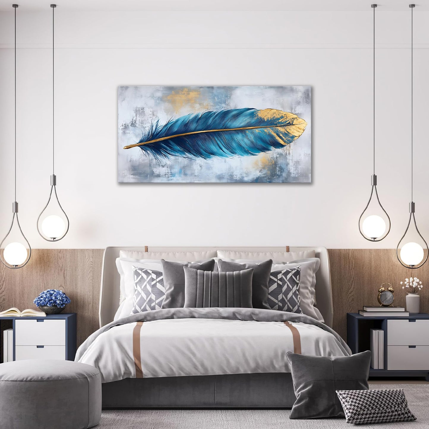 Blue Feather Large Wall Art for Living Room Modern Wall Decor for Bedroom Feather Pictures Feather Painting Framed Large Canvas Art Ready to Hang 30"x60"
