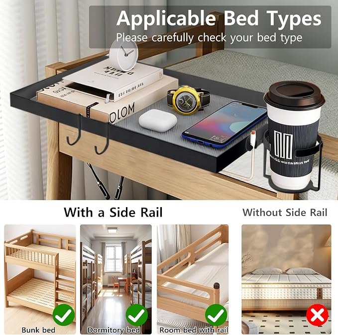Metal Bedside Shelf for Dorm Room Bunk Bed & Top Bunk, Dorm Room Essentials, Bed Side Table Tray Organizer (Black)