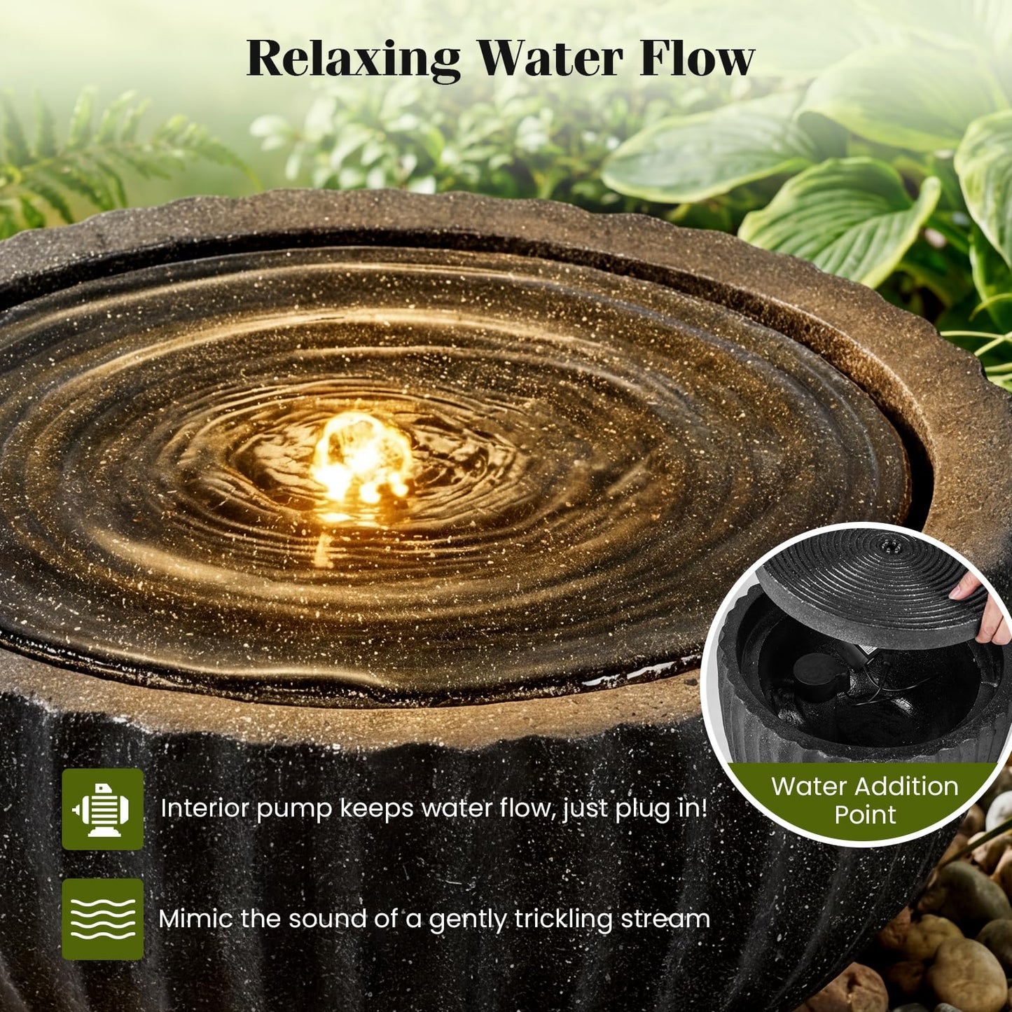 Giantex 18" Round Outdoor Water Fountain with 6 LED Lights, Stone Gray Resin Sphere Waterfall Feature with Adjustable Pump, Lighted Bubbling Fountain for Garden Patio Porch Decor (18" Dia. x 9.5" H)