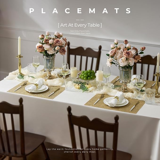 Leetaltree Gold Placemats Set of 24 - Heat Resistant Non-Slip Place mats for Dining Table, Washable Durable PVC Vinyl Woven Table Mats(Luxury Gold, 24)