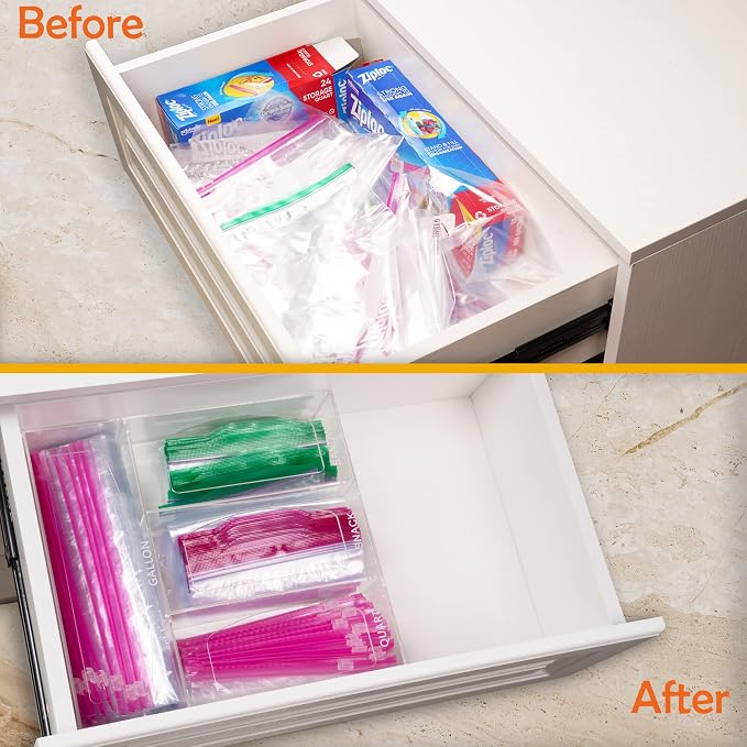 Acrylic Bag Storage Organizer for Kitchen Drawer, Food Storage Bag Organizer Holder Compatible with Ziplock, Glad, Hefty, Gallon, Quart, Sandwich & Snack Variety Size Bag (Clear)