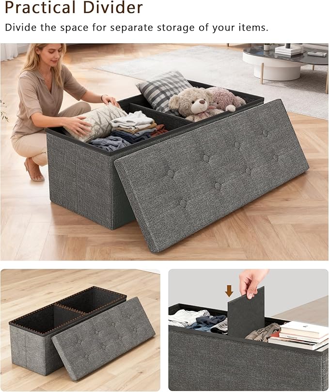 GLAXYFUR 43.3 inches Folding Storage Ottoman Bench Storage Chest Footrest for Bedroom, Entryway and Living Room, Holds up to 660 lb Dark Grey