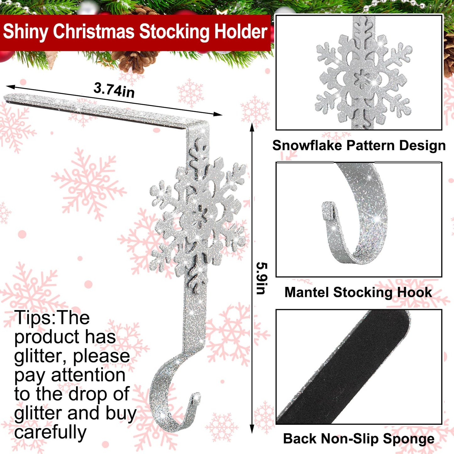 Gisafai Set of 12 Glitter Christmas Mantle Stocking Holders Snowflake Christmas Stocking Hangers Weighted Shiny Metal Fireplace Mantel Non-Slip Hooks for Xmas Party Decoration(Sliver)